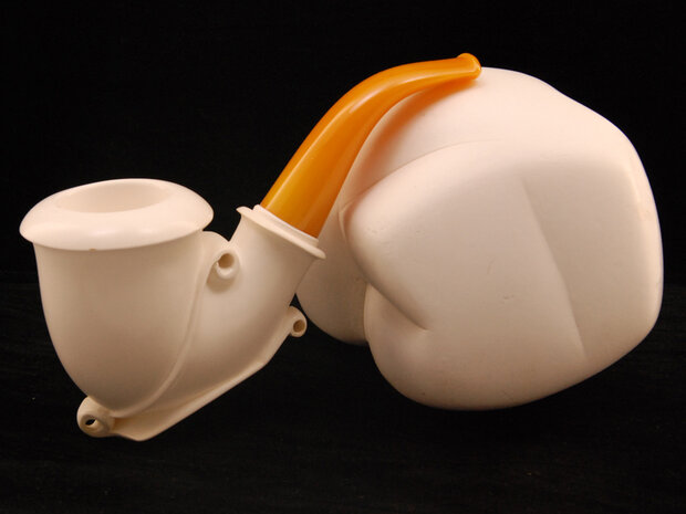 Block meerschaum bent- stand up - screw fitting natural ambre stem